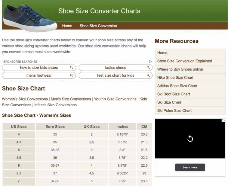 Shoe Sizing Charts Homepage