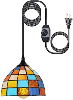 HMVPL Tiffany Style Pendent Ceiling Light with 16.4 Ft Plug in Cord and OnOff Dimmer Switch Retro Multicolored Swag Hanging Lamp