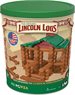 LINCOLN LOGS –100th Anniversary Tin 111 Pieces Real Wood Logs Ages 3 Best Retro Building Gift Set for BoysGirls